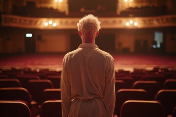 Introspective performer in a moody stage scene, classical character in a haunting theatrical moment, artistic expression in motion