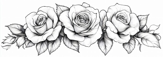A vintage-style line art illustration of three roses, perfect for floral design projects, wedding invitations, or greeting cards.