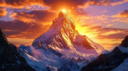 Majestic Mountain Peak at Sunrise Dramatic Colors and Clouds