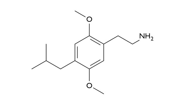 2c-ibu molecule, structural chemical formula, ball-and-stick model, isolated image phenethylamine