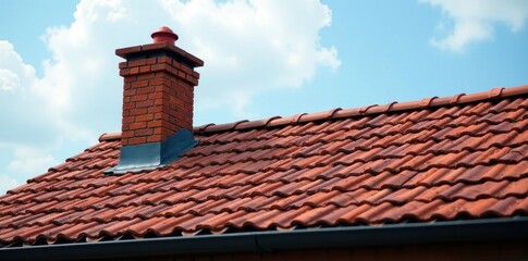 Asphalt tile roof, chimney stack, framing visible, building site, building materials