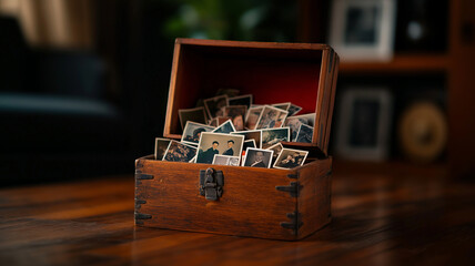 Fototapeta premium wooden box filled with old photographs and family memories, evoking nostalgia and warmth. rich texture of wood complements vintage images inside