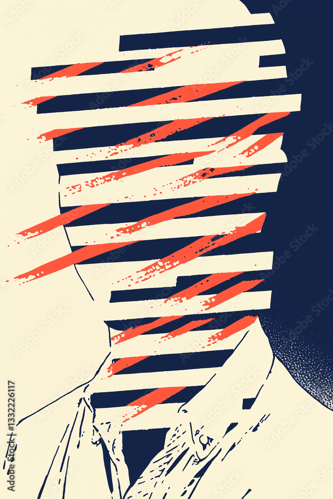 Poster Abstract Identity: An abstract representation of a person's face with obscured identity, incorporating lines and color to convey anonymity and complexity.