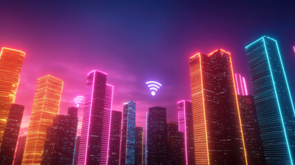 Fototapeta premium Wireless Technology and Future WiFi Concept, vibrant cyber city skyline illuminated by neon lights and Wi Fi signals