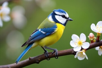 Naklejka premium Bright blue tit perched on blossoming branch, Suffolk garden, twigs, photo