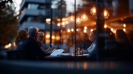 Obraz premium Mature Adults in Business Meeting at Nighttime Outdoor Restaurant