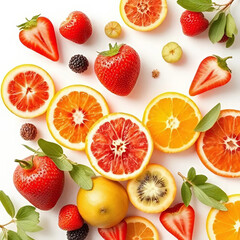 Colorful medley of fresh sliced citrus fruits with strawberries blackberries and kiwis arranged beautifully on a white background for a vibrant healthy food presentation