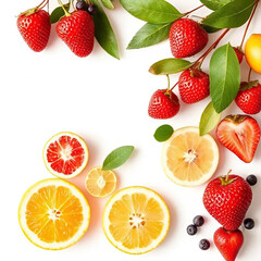 Fresh citrus and berry harmony featuring sliced oranges lemons grapefruits strawberries and blueberries arranged artistically on a white background for healthy food concepts