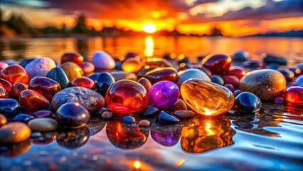 Vibrant Colorful Stones at Sunset on the Water's Edge