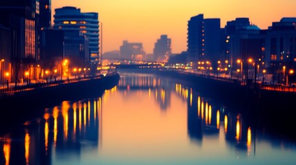 Fototapeta premium Serene cityscape at dusk featuring illuminated buildings reflecting on a calm river