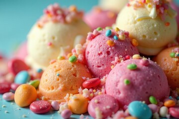 Obraz premium Close up vibrant candy & ice cream mix, colorful delights, yummy, summer, treat