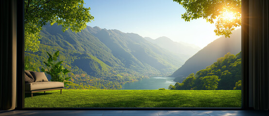 stunning view of mountains and lake from luxurious glass house with terrace and sofa, surrounded by lush greenery and bathed in sunlight