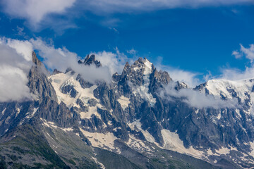 Aiguilles de Chamonix rocky granite mountain peaks in french Alps around Mont Blanc summit in...