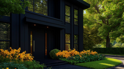 Fototapeta premium Modern black house exterior with vibrant flowers and lush greenery