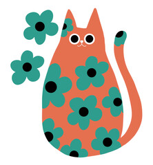 Motif de chats mignons colorés à fleurs vintage, rétro. Fond transparent, illustration graphique minimaliste, fantaisie. Ressource digitale pour textile et papeterie, enfant