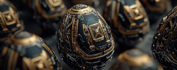Fototapeta premium A collection of intricately designed, dark-colored eggs adorned with gold accents, showcasing exquisite craftsmanship and artistic details.