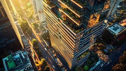 An aerial view captures a modern cityscape under warm sunlight