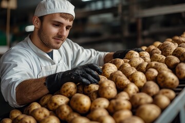 Worker sorts fresh potatoes in a processing facility during the day