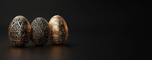 Fototapeta premium Three ornate eggs are arranged against a dark background, showcasing intricate designs that highlight craftsmanship and elegance.