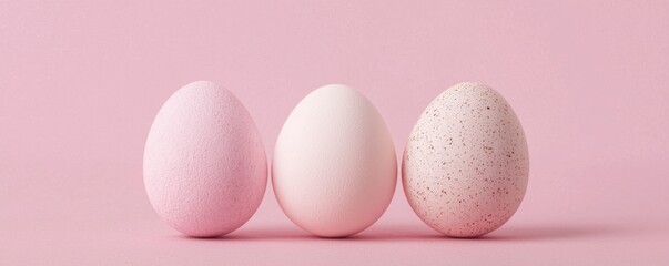 Fototapeta premium Three pastel eggs in varying shades of pink set against a soft pink background create a minimalist and elegant aesthetic.