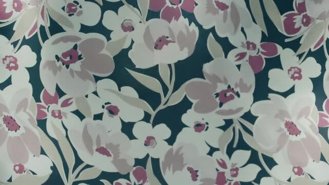 Fabric with beautiful colorful floral patterns flutters in the wind. Closeup. Macro. Slow mo, slow motion, high speed camera, 200fps