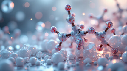 Illustration of a molecule with an intricate molecular structure against a soft, colorful backdrop that suggests a microscopic or crystalline environment.