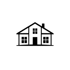 Simplified Black and White House Icon: Architectural Illustration of a Classic Residential Structure with Minimalist Design and Isolated on White.