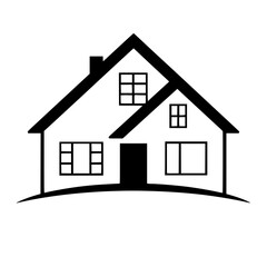 Minimalist Black and White Vector Illustration of a House with Windows, Door, and Chimney on a Gentle Curve.
