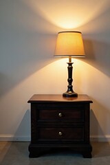 Dark stained nightstand, lampshade, plain white background, cozy, wood