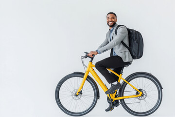 Naklejka premium Smiling professional riding a yellow bike with a backpack in urban attire