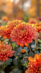 Orange chrysanthemums glowing in autumn light