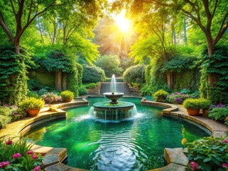 Outdoor oasis: serene pool and fountain.