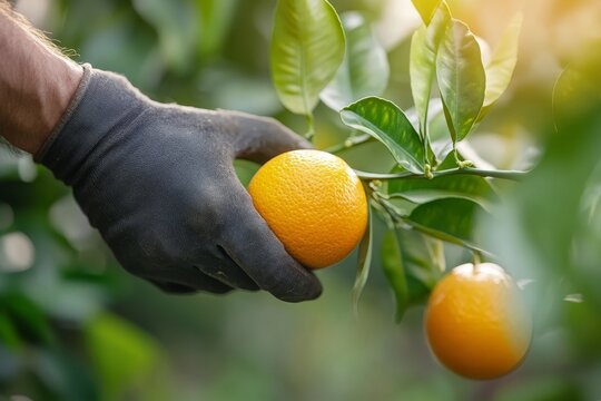 Hands pick ripe oranges from a tree in a sunny orchard during harvest season - Powered by Adobe