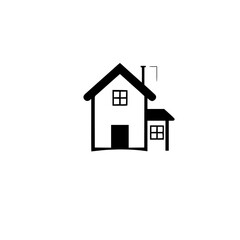 Simple monochrome house illustration, black outline with gable roof, chimney, and a smaller extension.