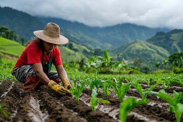 Hardworking farmer cultivates crops in lush mountain landscape during overcast day