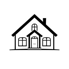 Minimalist Black and White Illustration of a Classic House with Arched Windows, Chimney, and Gabled Roof on a Plain White Backdrop.