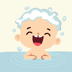 Happy baby taking a bath with bubbly foam on the head and a cheerful smile. Cute cartoon vector illustration perfect for baby care products, hygiene campaigns, children’s books, and parenting blogs