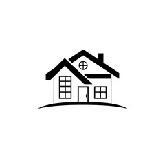 Monochromatic minimalist vector illustration of a simple house with a chimney, windows, and a front door, on a curved base against a white background.