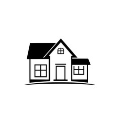 Minimalist black and white house logo icon with a gable roof, two windows, a door, and an arched attic window, on a white background.