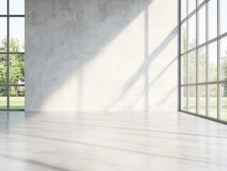 Obraz premium Large empty room with concrete floors and walls featuring tall modern windows