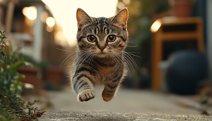 Kitten running towards camera, garden