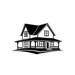 Black and White Vector Illustration of a Classic Two-Story House with a Wraparound Porch, Set on a Gentle Hill Against a White Background.