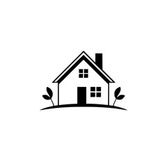 Simple, Clean Black and White Home Logo with Greenery, Suggesting Eco-Friendliness and a Sense of Calm.