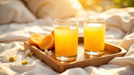 Refreshing glasses of orange juice with fresh citrus and daisies on a wooden tray. Cozy morning scene with sunshine and soft linens. Aesthetic breakfast moment for a healthy lifestyle