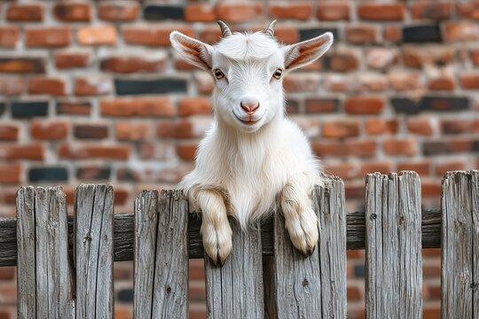 A charming baby goat playfully standing next to a wooden fence in a picturesque setting surrounded by nature's beauty - Powered by Adobe