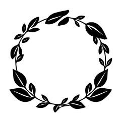 Circular Black & White Botanical Wreath Illustration, Minimalist Leaf Design for Decoration, Frame or Border Element.