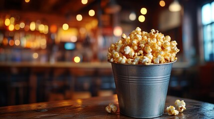 Caramel popcorn in a tin bucket at a bar