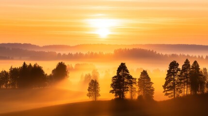 Obraz premium Serene sunrise over misty landscape with silhouetted trees and soft golden hues in the background