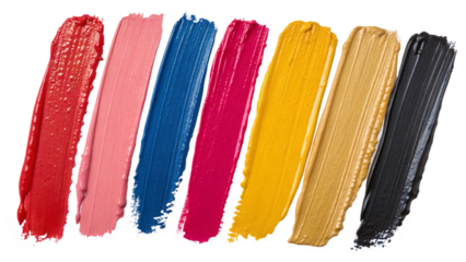 multicolored cosmetic product samples on white background, set of brush strokes isolated