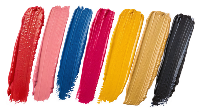 multicolored cosmetic product samples on white background, set of brush strokes isolated
